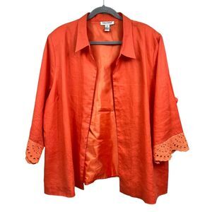 Lino USA Women Linen Blazer Open Front Eyelet Scalloped Cuffed Sleeve Orange 3x*